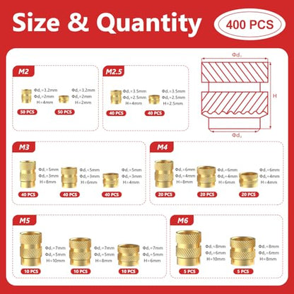 Newdeli 400pcs Threaded Inserts M2 M2.5 M3 M4 M5 M6 Heat Set Inserts Kit for Plastic and 3D Printing Components- Brass Metric Knurled Nuts Assortment Kit - size: M2 M2.5 M3 M4 M5 M6 (400 pieces)