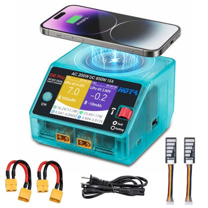 HOTA D6 Pro Lipo Battery Charger,Dual Channel 15A AC200W DC650W Smart Balance Charger with Wireless Charging Panel USB Output for 1-6S LiPo LiHV NiMH Pb Batteries RC Car Boat FPV (Transparent Blue) - color: Transparent Blue