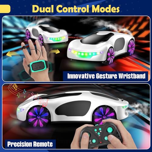 HuiJuKeJi Gesture Sensing RC Stunt Car with USB Charging Dock, 360° Rotate Drift Car, 2.4GHz Dual Remote Control, Cool Spray Mist & LED Lights, Birthday Gift for Kids Boys Girls Age 6-12