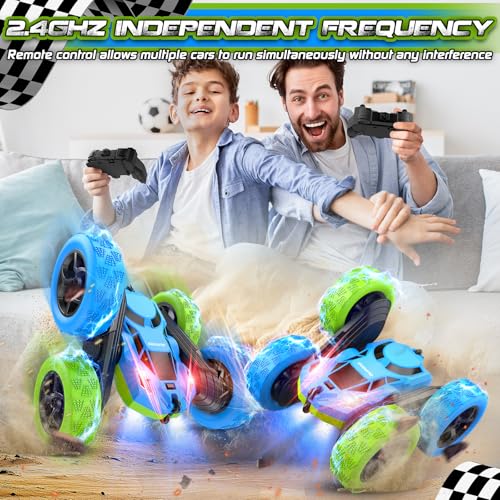 cosone Blue Green RC Car for Kids | Rechargeable Remote Control, 360° Rotation Stunt Car, Double-Sided Driving, LED Lights, 2.4GHz Off Road - color: Blue&green Pro