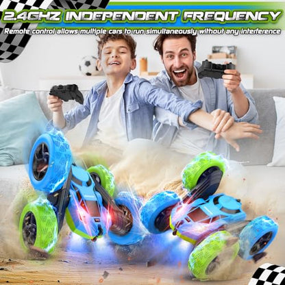 cosone Blue Green RC Car for Kids | Rechargeable Remote Control, 360° Rotation Stunt Car, Double-Sided Driving, LED Lights, 2.4GHz Off Road - color: Blue&green Pro