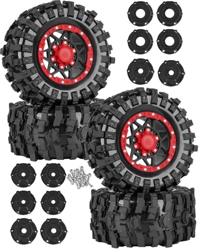 1/10 Scale RC Truck Tires,Wheels and Tires w/12/14/17MM Hex for Rustler Stampede Hoss,Arrm a Granite Vorteks Big Rock 3S,1/10 Off Road Tires Rubber Truck Tyres w/Foam Insert,Black w/Red - color: Black W/Red(4pcs)