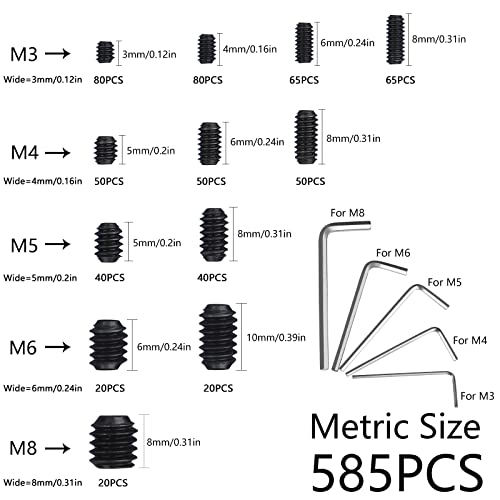 1000pcs Metric + SAE Set Screw Assortment Kit, Internal Hex Drive Cup-Point Allen Screws Set 12.9 Class Alloy Steel Grub Screw (M3-M8, 1/8"-40 to 5/16"-18) - color: Black Set Screws 1000PCS