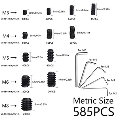 1000pcs Metric + SAE Set Screw Assortment Kit, Internal Hex Drive Cup-Point Allen Screws Set 12.9 Class Alloy Steel Grub Screw (M3-M8, 1/8"-40 to 5/16"-18) - color: Black Set Screws 1000PCS