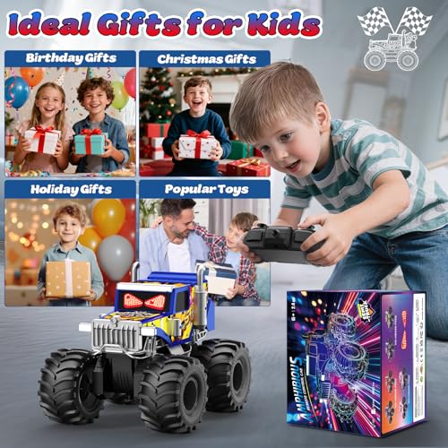 Amphibious Monster Truck Toy for Boy, 1:18 Remote Control Car with LED Eyes | 2.4 GHz Waterproof RC Cars, 360° Rotating, 4WD All Terrain RC Truck, Pool, Land, Outdoor Kids Toys, Boy Birthday Gift Ages 6+ - color: Blue/Yellow