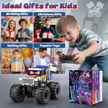 Amphibious Monster Truck Toy for Boy, 1:18 Remote Control Car with LED Eyes | 2.4 GHz Waterproof RC Cars, 360° Rotating, 4WD All Terrain RC Truck, Pool, Land, Outdoor Kids Toys, Boy Birthday Gift Ages 6+ - color: Blue/Yellow