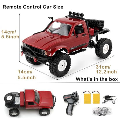 GoolRC RC Truck, WPL C14 RC Crawler 1/16 Scale Remote Control Car, 4WD All Terrain Off Road Semi Truck, 2.4GHz RC Climbing Car with LED Lights and 2 Batteries for Adults (Red) - color: Red