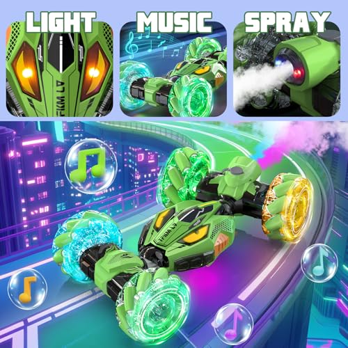 Gesture Sensing RC Stunt Cars - Toys for Boys Girls 6-12 | Best Gifts for Kids 6-12 Years Old | 4WD 360° Rotating Remote Control Transform Car | All-Terrain Off Road Vehicle with Lights Music Green
