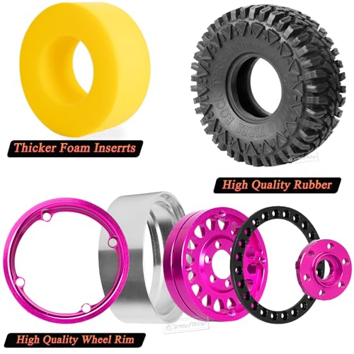 RC 1.9in Beadlock Wheels and Tires for 1/10 TRX4,Axia1 SCX10 II 90046 SCX10 III,D90 RC Crawler Car,Alloy 1.9in rc Beadlock Rims,Soft Rubber 1.9in rc Beadlock Tires,4pcs,Pink - color: Pink(4pcs)