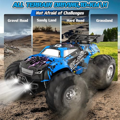 All-Terrain Remote Control Car for Boys 8-12 Headlight Christmas | Monster Remote Control Truck Rechargeable, 2 Motors 10KM/H 2.4GHZ Speed-friendly, Sturdy RC Cars for Christmas Beginner Kids - color: Blue
