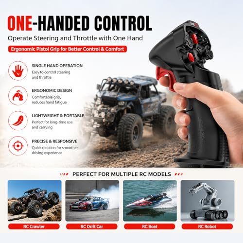 HOTRC DS-4A One-Hand RC Controller System with E-6A 6CH Receiver, 2.4GHz FHSS Transmitter with Cruise Control, Up to 400m Range for RC Crawler, Trail Truck, Drift Car, Boat and Robot
