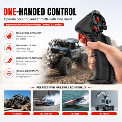 HOTRC DS-4A One-Hand RC Controller System with E-6A 6CH Receiver, 2.4GHz FHSS Transmitter with Cruise Control, Up to 400m Range for RC Crawler, Trail Truck, Drift Car, Boat and Robot