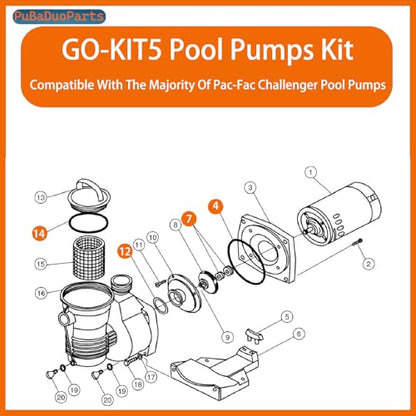 O-Ring Rebuild Repair Kit Compatible with P-entair Challenger GO-KIT5 Pool Pump, Includes 5 O-Rings & PS-200 Shaft Seal, Fit for Pac-Fab Challenger Pumps