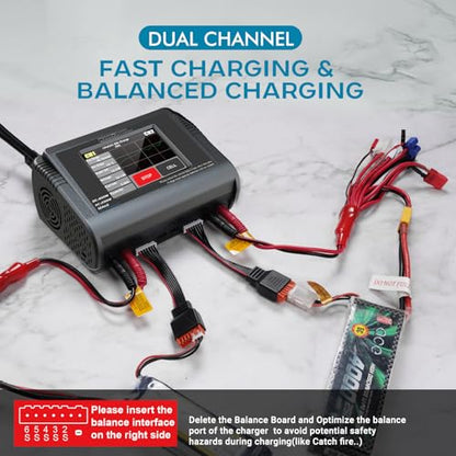 Dual LiPo Charger Touch Screen Battery Charger Discharger AC200W DC400W 12A | Fast Balance Battery Charger for 1-6S LiPo Li-ion Li-Fe LiHV 1-15S NiCD NiMH 2-20V PB Smart Batteries RC Car Boat Drone