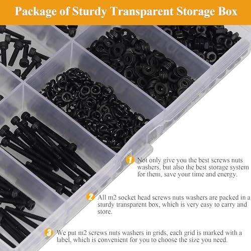 565 Pieces M2 Screws Nuts Washers Set Black, Sutemribor M2 x 4/6/8/10/12/16/20mm Hex Socket Head Cap Screws Nuts Washers Assortment Kit, 12.9 Grade Alloy Steel, Fully Threaded - size: M2, style: Socket Head