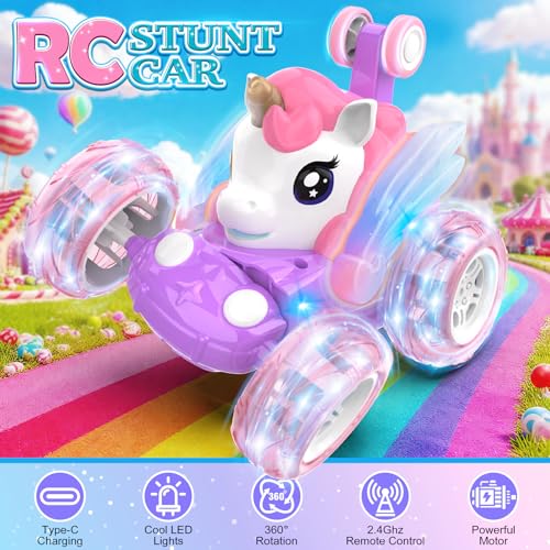 Mafbeanl Remote Control Car Stunt RC Cars 360° Rotating with 2.4GHz Rechargeable Wheel Lights Toys Car Gift for Boys Girls 3 4 5 6 7 8 9 10 11 12 (Pink) - color: Pink