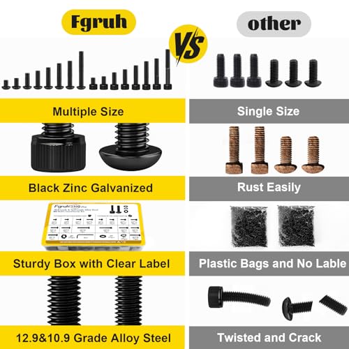 1500PCS M4 Screws with Nuts Assortment Kit, M4x6/8/12/16/20/25/30/40 mm Hex Socket Button & Cap Head Bolts Nut and Washers Set, 12.9 & 10.9 Grade Black Zinc Plated for DIY, 3D Printer - size: M4 1500pcs