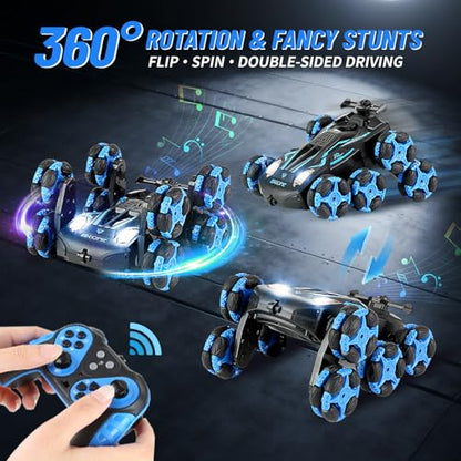 8WD Remote Control Stunt Car with Music Light Mist Spray, RC Drift Car Toys for Kids 6+, 2.4GHz Remote, Double Sided Driving, 360° Spins, Off-Road Stunt Vehicle, Birthday Gifts for Boys Girls - color: Blue