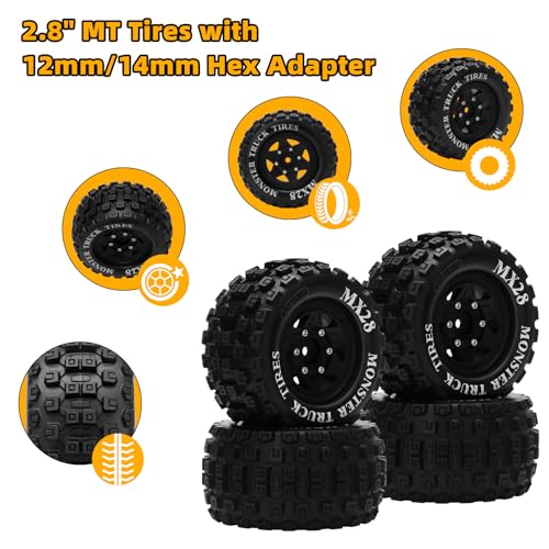 MX28 F/R 2.8" RC Car Tires with 12mm/14mm Hex Adapter RC Wheels and Tires Set 1/10 Scale RC Truck Tires for Arrma Big Rock Granite Traxxas Rustler Stampede VORTEKS 3S 4PCS (Style B) - Black - color: Black