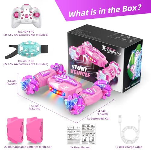 Nicella Gesture Sensing RC Stunt Car, Remote Control Car 360° Rotating 4WD 2.4Ghz RC Cars Transform Hand Controlled Toys with Light & Music, Best Gifts for Girls Age 6-7 8-12 - color: Pink