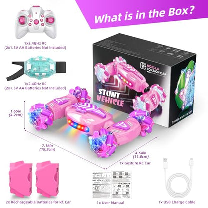 Nicella Gesture Sensing RC Stunt Car, Remote Control Car 360° Rotating 4WD 2.4Ghz RC Cars Transform Hand Controlled Toys with Light & Music, Best Gifts for Girls Age 6-7 8-12 - color: Pink