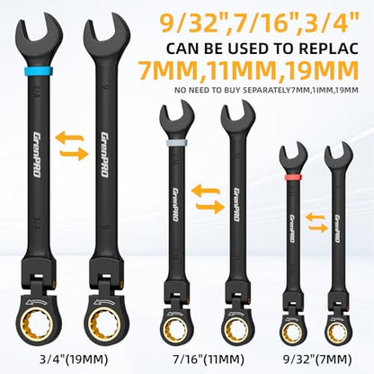 GRENPRO 23PC Flex Head Ratcheting Wrench Set SAE & Metric Combination Sets | 1/4"-3/4"&6-18mm Bolt Gauge, Electro-Coated 72-Tooth 180° Open End 12Pt, Color Rings, Roll Pouch for Auto&Home Repair - style: Flex Head Ratcheting Wrench Set with Color Ring (Me