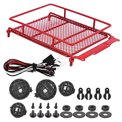 Metal Roof Rack, Durable Metal Construction with Bright LED Light RC Crawler Accessories for Off-Road Adventures Simulation Luggage Carrier for RC Enthusiasts and Hobbyists - color: Red