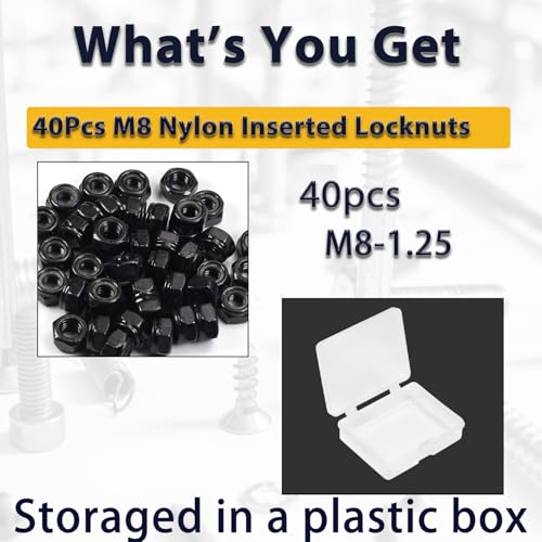 M8 Lock Nut Nylon Inserted Locknuts for Patio Furniture M8 Bolts | 40pcs Metric Hex Lock Nuts Self-Lock Nylon Insert M8x1.25mm Carbon Steel Self Locking 13mm Hex Nut Driver Nut - size: M8 (40PCS)