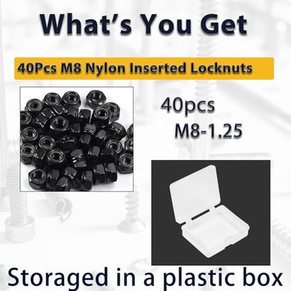 M8 Lock Nut Nylon Inserted Locknuts for Patio Furniture M8 Bolts | 40pcs Metric Hex Lock Nuts Self-Lock Nylon Insert M8x1.25mm Carbon Steel Self Locking 13mm Hex Nut Driver Nut - size: M8 (40PCS)