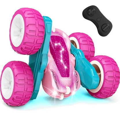 Tecnock Pink Remote Control Car for Girls and Boys, 2.4GHz RC Cars with USB-C Easy Charging, 4WD Double Sided 360° Rotates and Flips RC Stunt Car, Toys Gift for Kids Ages 6-8, 8-12 - color: Pink