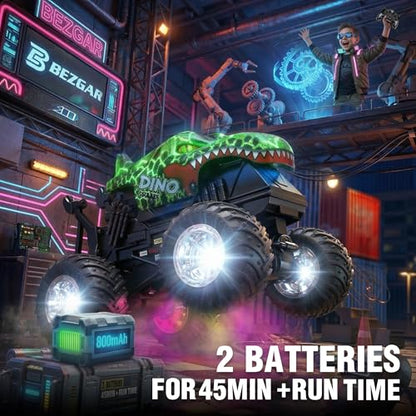 BEZGAR 1:20 Monster Truck Toys, 360°Stunt RC Cars with Music and Light | Green Dinosaur Toys with 2 Batteries and Wireless LED Strobe Lights, Remote Control Car with Glowing wheels for boys - color: Green