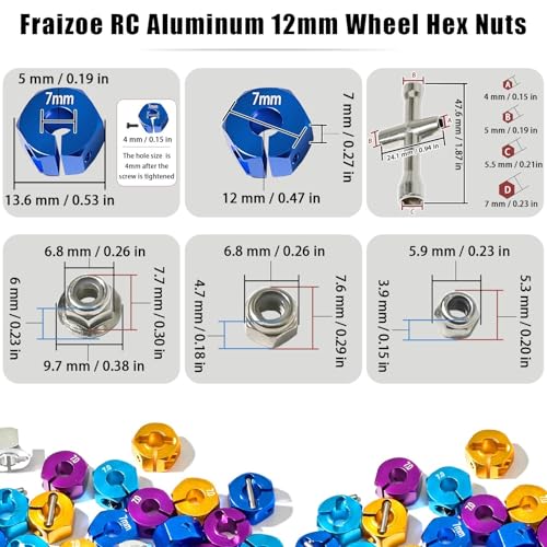 Aluminum 12mm Hex Wheel Hub 4Pcs w/Axle Pin M4 Flange Lock Nut Standard M3 M4 Nut 7mm Thickness Wheel Drive Adapter for 1/10 Traxxas HSP Redcat Rc4wd Tamiya Axial SCX10 WLtoy RC Car(25Pcs) - color: Blue, size: 7.0