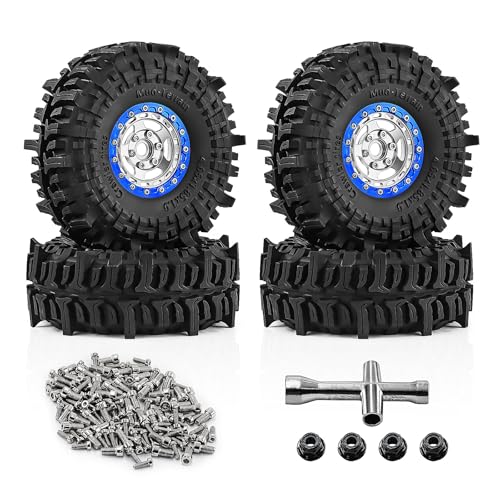 1.9" Alloy Wheels + Rubber Tires 4-Pack, Compatible with TRX4, SCX10, SCX10 III, 90046, D90 and Other Popular RC Crawler Models (blue-silver) - color: blue-silver
