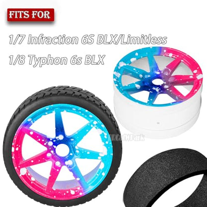 RC Highway Tires Wheel for 1/7 Infraction 6S BLX/Limitless,1/8 Typhon 6s BLX,7 Spokes Wheel Rim & Rubber Highway Tires RC Drift Tires,Blue Pink - color: Blue Pink - (4pcs Highway Tires)
