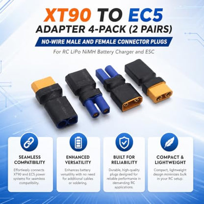 XT90 to EC5 Adapter, 4-Pack, No-Wire Connector | For RC LiPo and NiMH battery, charger and ESC connection, compact direct plug-in design