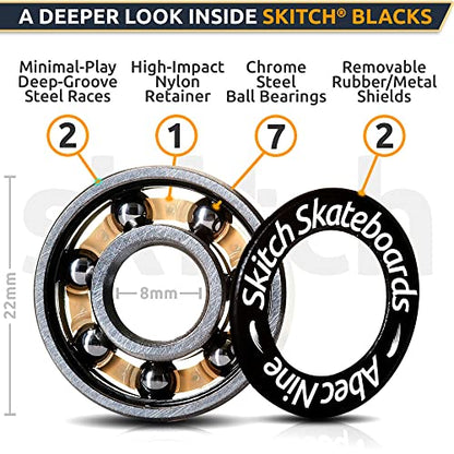 Precision Fast Spin Bearings Set | 8 Pack 608 2RS ABEC 9 Chrome Steel Deep Groove Ball Bearing Set for Skateboards, Longboards, Inline Skates, Scooters | + Washers + Spacers | 8mm x 22mm x 7mm