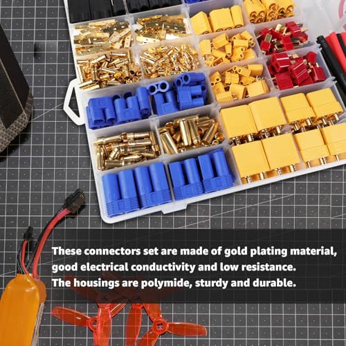 253pcs “Super Kit” T-Plug / XT90 / XT60 / XT30 / EC5 / EC3 / TRX Male & Female Plug Connectors Kit 14 AWG Silicone Wire and Heat Shrink Tubing for Pro RC Lipo Battery - color: 253 (Super Kit)
