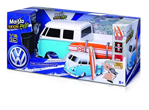 Maisto Tech R/C 1:16 Scale 2.4 GHz VW Type 2 Pick-up w/Surfboard, Blue with White