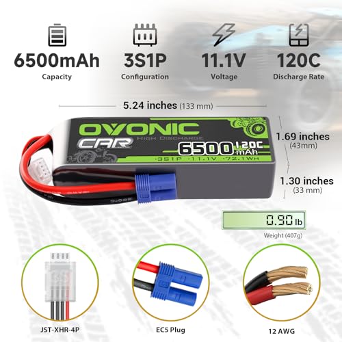 OVONIC 3S LiPo Battery 11.1V 6500mAh 120C with EC5 Plug for RC Car RC Truck Airplane Helicopter Boat Car Racing RC Hobby (2 Packs)