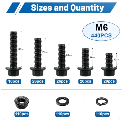 440PCS M6 Flange Bolt Assortment Kit with Nut Washer 10.9 Alloy Steel | Metric Black Zinc Plated Hex Head Screws Set, M6-1.0 X 12/16/20/25/30mm for DIY Repairs, 3D printers, RC cars, Drones - size: G10.9 M6 440PCS