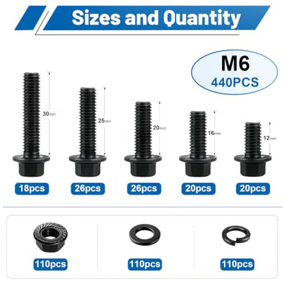 440PCS M6 Flange Bolt Assortment Kit with Nut Washer 10.9 Alloy Steel | Metric Black Zinc Plated Hex Head Screws Set, M6-1.0 X 12/16/20/25/30mm for DIY Repairs, 3D printers, RC cars, Drones - size: G10.9 M6 440PCS