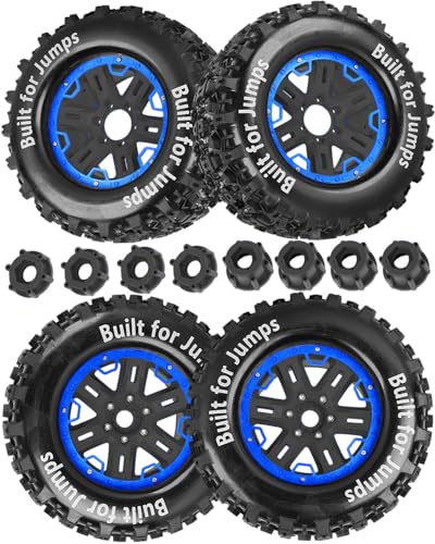 RC Truck Tires 1/8 17mm Hex RC Wheel Tires for 1/8 Monster Truck Tires Traxx as/Arrm a 6S/Summi t/ERveo/Redc at/HPI JLB Cheetah RC Off-Road etc,Hard Plastic Rubber Tyres,Blue&Black - color: Blue With Black（4PCS)