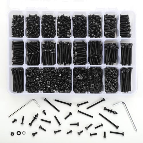 M3 Metric Screw Assortment, 2320PCS M3 x 6/8/10/12/16/20/25/30/35mm Hex Socket Button & Cap Head Screws Nuts Bolts Washer Assortment Kit 12.9 & 10.9 Grade Black Oxide for DIY, 3D Printer - size: M3 2320PCS Button&Socket Black