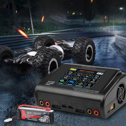 H200X2 Dual Lipo Battery Charger Touch Screen AC 200W / DC 400W 12A Smart Balance Charger for 1-6S LiPo Li-ion Life HV & 1-15S NiMH NiCd RC Car Drone Airplane Boat