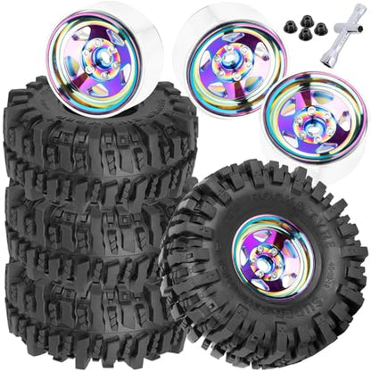 4PCS RC 1.9 in Wheel Tires for 1/10 TRX4 TRX6 SCX10 SCX10 II 90046 SCX10 III AXI03007 Gen7/8 D90 VS4-10 RC Crawler Car,BRCatWPark Alloy 1.9 Beadlock Wheel and Rubber Tires w/Sponge,Colour - color: Colour - (Tires)