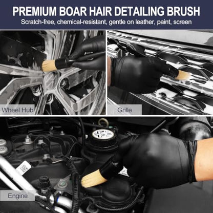 6PCS Car Detailing Brush Set, Boars Hair Car Detailing Brushes, Ultra Soft No Scratch Interior Detail Brush, Car Duster, Car Interior Detailing kit, Car Cleaning Supplies kit for Leather, Air Vents