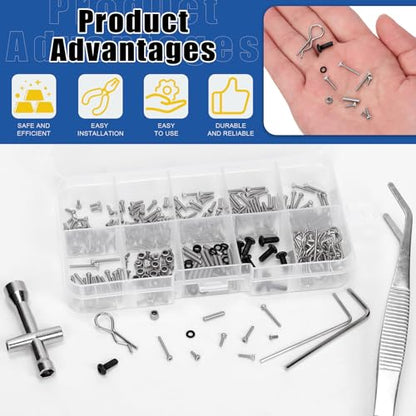Glarks 294pcs M1.4 x 4/5/6/8/10/12MM Universal RC Screw Kit, RC Cars Trucks Crawler Parts Hardware Fasteners, RC Screw Hardware Fasteners for Axial SCX24 1/24 RC Crawler Truck Deadbolt C10 Jeep Betty