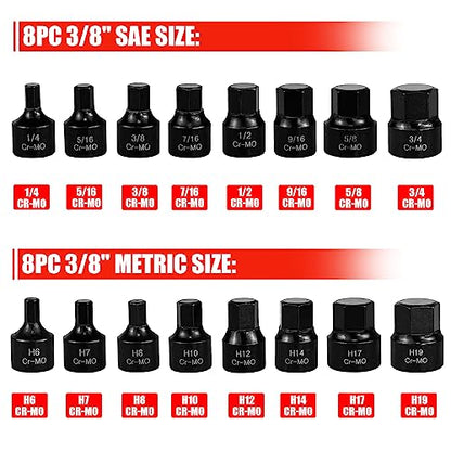 C&T 16 Piece 3/8-Inch Drive Low Profile Impact Hex Driver Set,SAE/Metric,1/4 Inch - 3/4 Inch, 6mm - 19mm, Cr-Mo Steel, Hex Bit Socket Set, Heavy Duty Storage Case