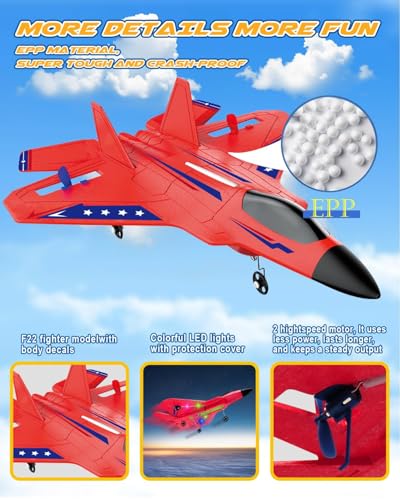 ANTSIR F22 RC Airplane for Kids Boys Adults Beginners Easy to Fly Toy Gift | Gyro Stabilizer, LED Lights, 2.4GHz 2 Channel, 2 Batteries EPP Foam RC Glider, 2.4GHz Remote Control Fighter Jet - color: Red F22-2 Batteries Kf