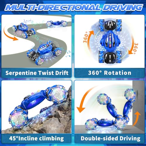 Gesture Sensing RC Stunt Car - Boys Toys Age 6-12, 4WD Hand Controlled Remote Control Car with Light & Music, 360°Rotation Twist Vehicle Toy, Christmas Birthday Gift for Boys Girls Age 6 7 8 9 10 11+ - color: Blue
